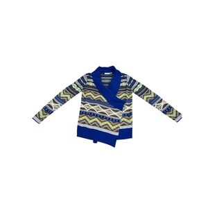 Blu Pepper Geometric Print Shawl Collar Cardigan Sweater Blue Brown Yellow M‎